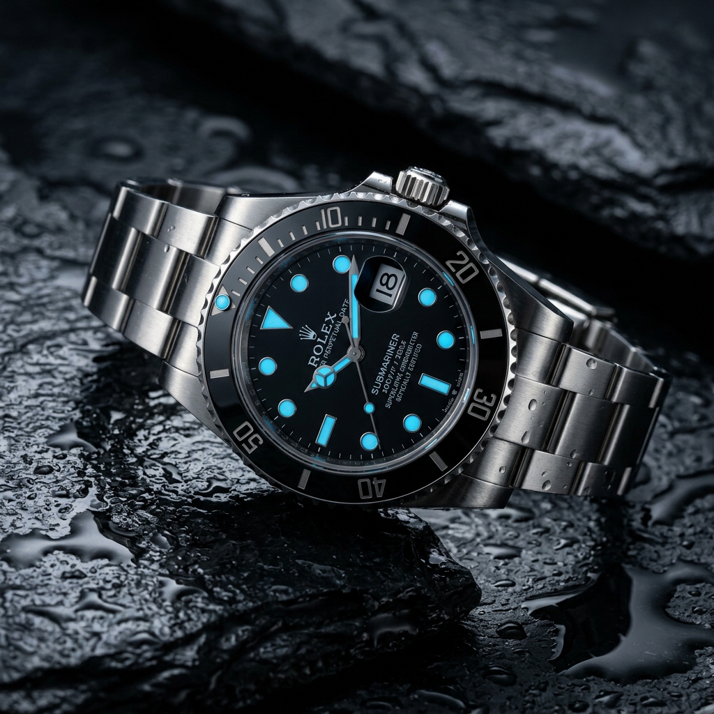 A steel dive watch with a rotating black bezel on a dark background